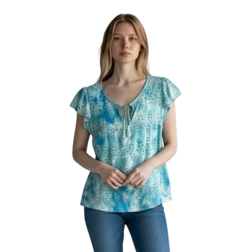 Old Navy Medium Top Handmade Tie Dye Blue‎ Flutter Sleeve Tassel Boho 1740